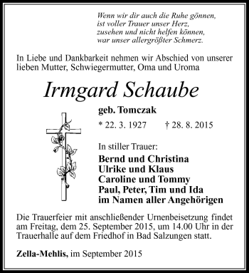 Traueranzeige von Irmgard Schaube von Südthüringer Presse