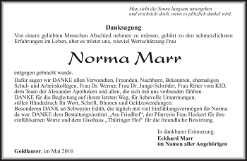 Traueranzeige von Norma Marr von Südthüringer Presse
