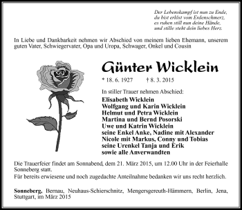 Traueranzeige von Günter Wicklein von Südthüringer Presse