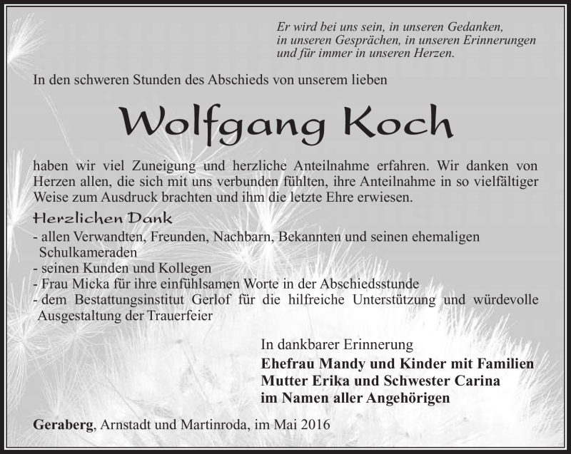  Traueranzeige für Wolfgang Koch vom 01.06.2016 aus Südthüringer Presse