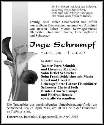Traueranzeige von Inge Schrumpf von Südthüringer Presse