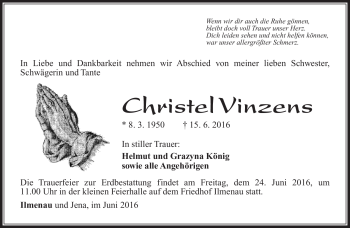 Traueranzeige von Christel Vinzens von Südthüringer Presse