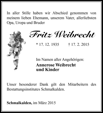 Traueranzeige von Fritz Weibrecht von Südthüringer Presse