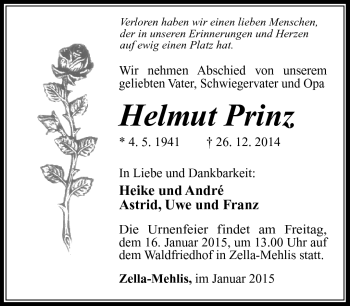Traueranzeige von Helmut Prinz von Südthüringer Presse