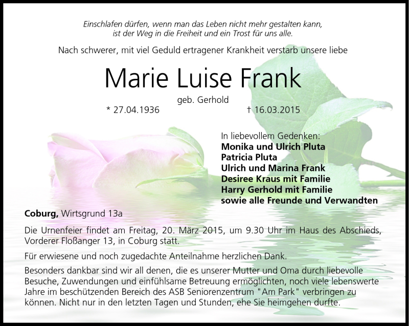  Traueranzeige für Marie Luise Frank vom 18.03.2015 aus Neue Presse Coburg