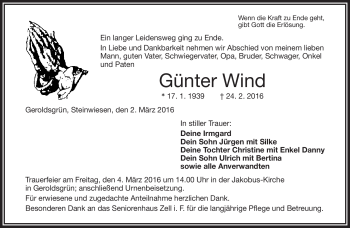 Traueranzeige von Günter Wind von Frankenpost