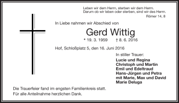 Traueranzeige von Gerd Wittig von Frankenpost