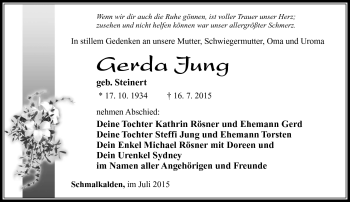 Traueranzeige von Gerda Jung von Südthüringer Presse