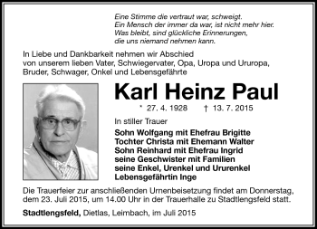 Traueranzeige von Karl Heinz Paul von Südthüringer Presse