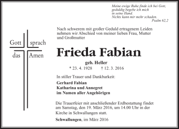 Traueranzeige von Frieda Fabian von Südthüringer Presse