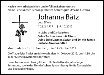 Traueranzeige von Johanna Bätz von Neue Presse Coburg