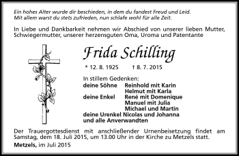 Traueranzeige von Frida Schilling von Südthüringer Presse