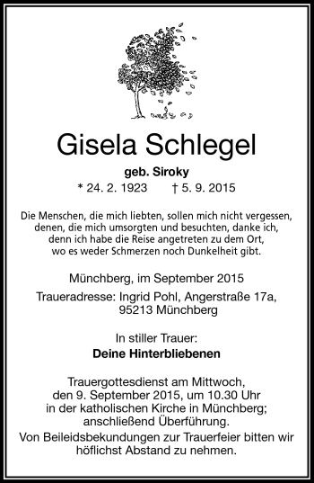 Traueranzeige von Gisela Schlegel von Frankenpost
