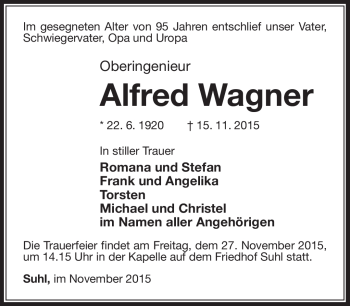 Traueranzeige von Alfred Wagner von Südthüringer Presse