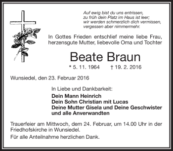 Traueranzeige von Beate Braun von Frankenpost