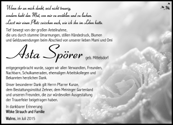 Traueranzeige von Asla Spörer von Südthüringer Presse