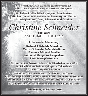 Traueranzeige von Christine Schneider von Südthüringer Presse