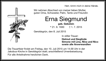 Traueranzeige von Erna Siegmund von Frankenpost