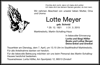 Traueranzeige von Lotte Meyer von Frankenpost