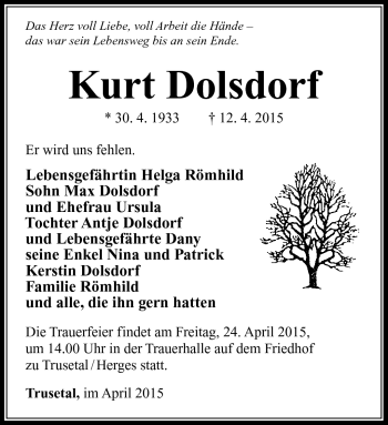 Traueranzeige von Kurt Dolsdorf von Südthüringer Presse