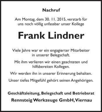 Traueranzeige von Frank Lindner von Südthüringer Presse