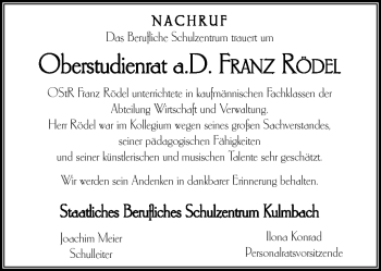 Traueranzeige von Franz Rödel von Frankenpost