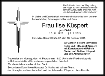 Traueranzeige von Ilse Küspert von Frankenpost