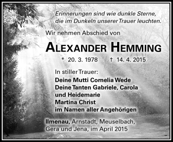 Traueranzeige von Alexander Hemming von Südthüringer Presse