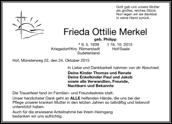 Traueranzeige von Frieda Ottilie Merkel von Frankenpost