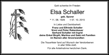 Traueranzeige von Elsa Schaller von Frankenpost