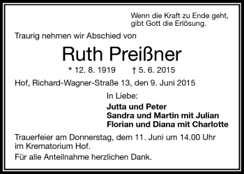 Traueranzeige von Ruth Preißner von Frankenpost