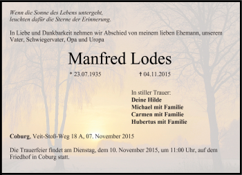 Traueranzeige von Manfred Lodes von Neue Presse Coburg