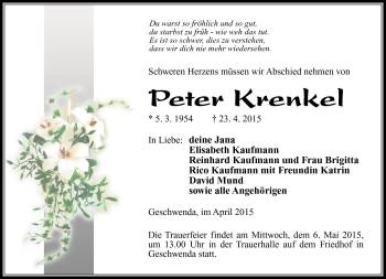 Traueranzeige von Peter Krenkel von Südthüringer Presse