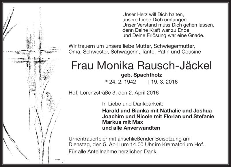  Traueranzeige für Monika Rausch-Jäckel vom 02.04.2016 aus Frankenpost
