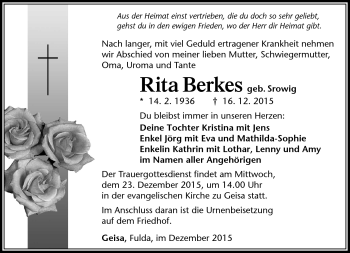 Traueranzeige von Rita Berges von Südthüringer Presse