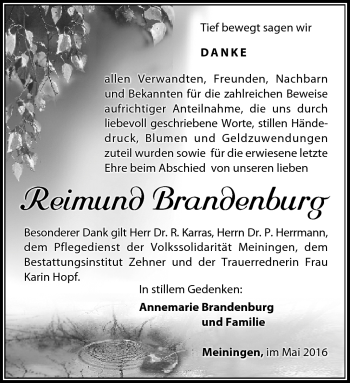 Traueranzeige von Raimund Brandenburg von Südthüringer Presse