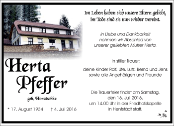 Traueranzeige von Herta Pfeffer von Südthüringer Presse
