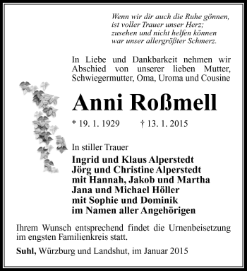 Traueranzeige von Anni Roßmell von Südthüringer Presse