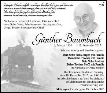 Traueranzeige von Günther Baumbach von Südthüringer Presse