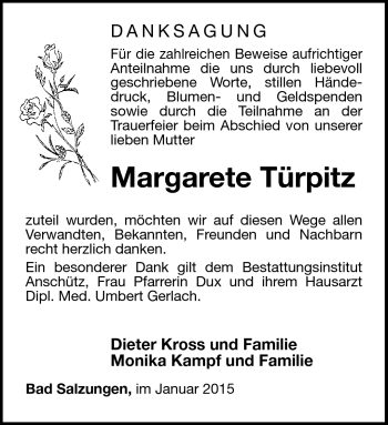 Traueranzeige von Margarete Türpitz von Südthüringer Presse