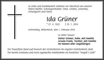 Traueranzeige von Ida Grüner von Frankenpost