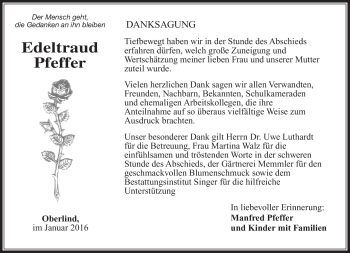 Traueranzeige von Edeltraud Pfeffer von Südthüringer Presse