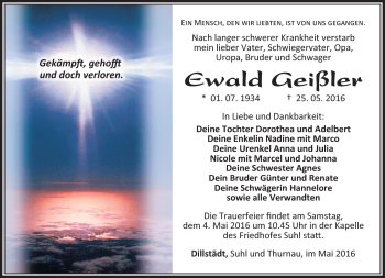 Traueranzeige von Ewald Geißler von Südthüringer Presse