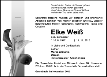 Traueranzeige von Elke Weiß von Südthüringer Presse