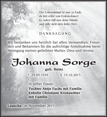 Traueranzeige von Johanna Sorge von Südthüringer Presse