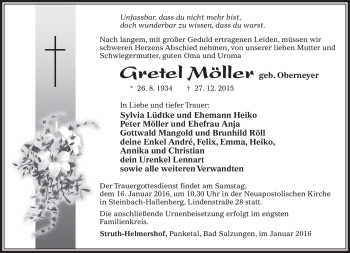 Traueranzeige von Gretel Möller von Südthüringer Presse