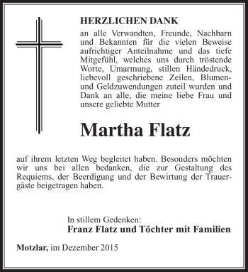 Traueranzeige von Martha Flatz von Südthüringer Presse