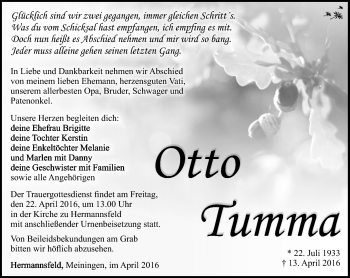 Traueranzeige von Otto Tumma von Südthüringer Presse