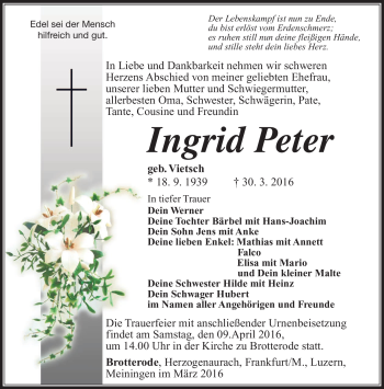 Traueranzeige von Ingrid Peter von Südthüringer Presse