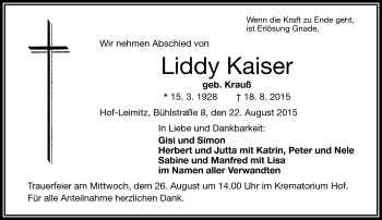 Traueranzeige von Liddy Kaiser von Frankenpost